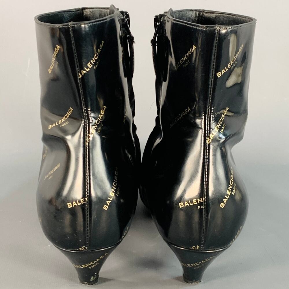 BALENCIAGA Size 8 Black Gold Logo Patent Leather Ankle Kitten Heel Boots - Picture 3 of 9
